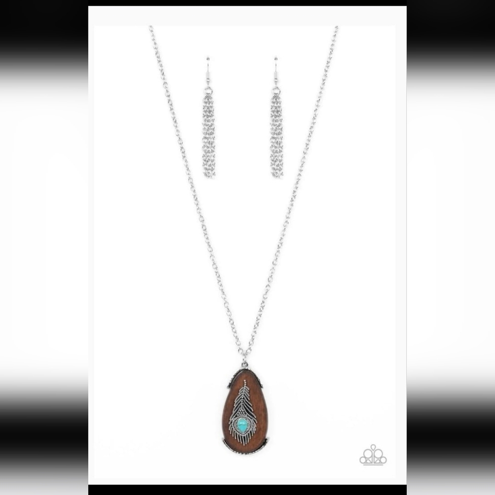 Paparazzi Silver Brown Feather Necklace Set Personal FOWL Blue Western Fashion